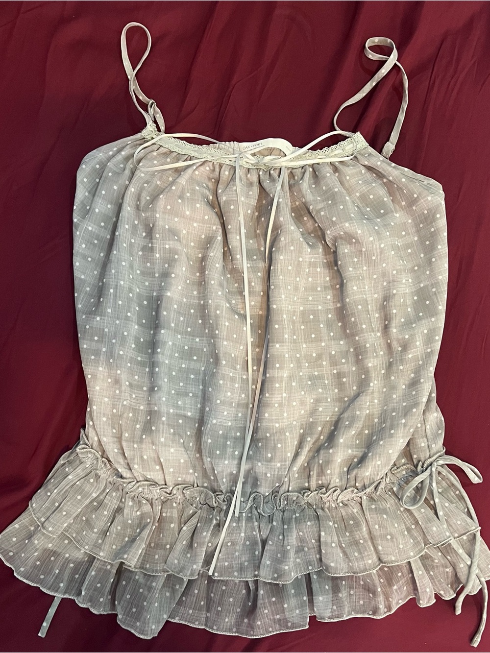 Oak and Fort Light Taupe Dot Tie-Front Ruffle Cami Top